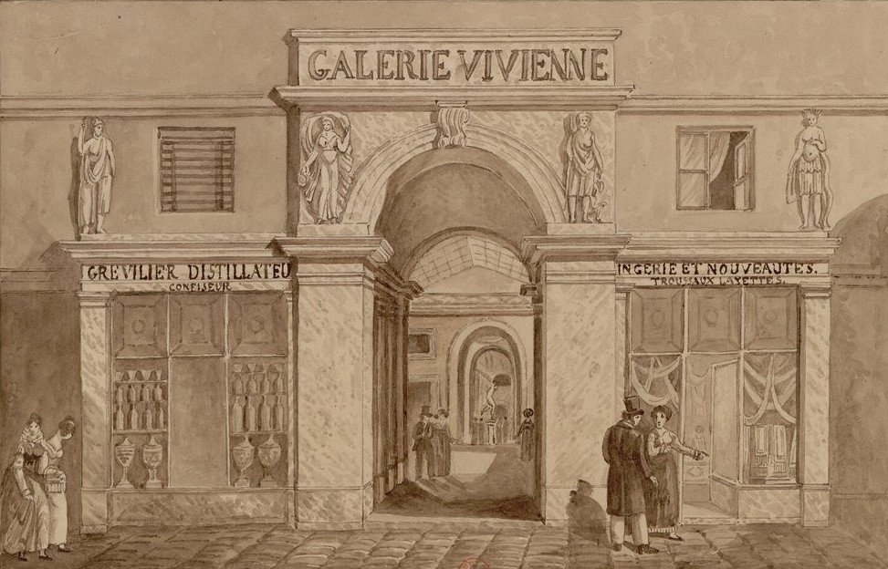 Είσοδος στη γκαλερί Vivienne, στη rue Neuve des Petits-Champs, πρώτο μισό του 19ου αιώνα, σχέδιο, Παρίσι, BNF, Εκτυπώσεις (Συλλογή Destailleur)