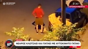 Nεαρός άνδρας, , κλωτσά με δύναμη ένα μικρό γατάκι και το πατά με το ΙΧ